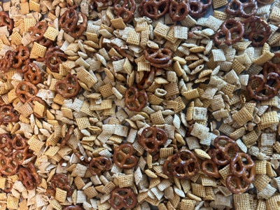 Nuts & Bolts snack mix with Chex, pretzels, and peanuts